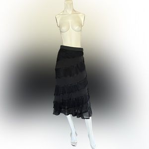 NWT CATHERINE MALANDRINO Black Silk + Lace Tiered Ruffle Midi Skirt SZ S/P